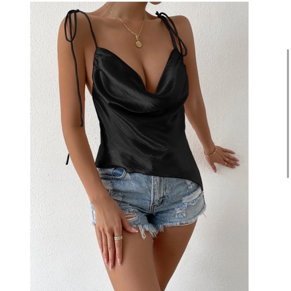 Black Color Glamorous Cowl Neck Tie Strap Camisole Top - Picture 4 of 16
